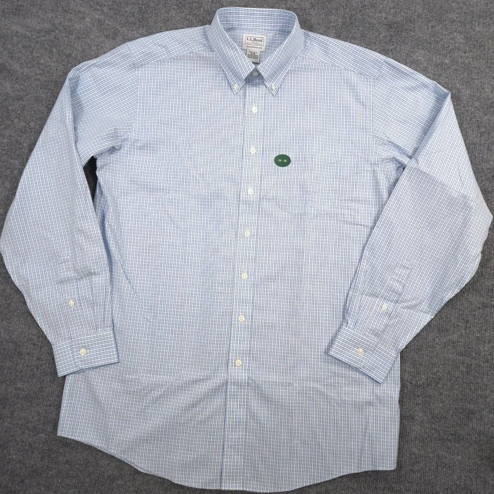 LL Bean Oxford Dress Shirt Mens 16-36 Blue White Tattersail Check Wrinkle-Free